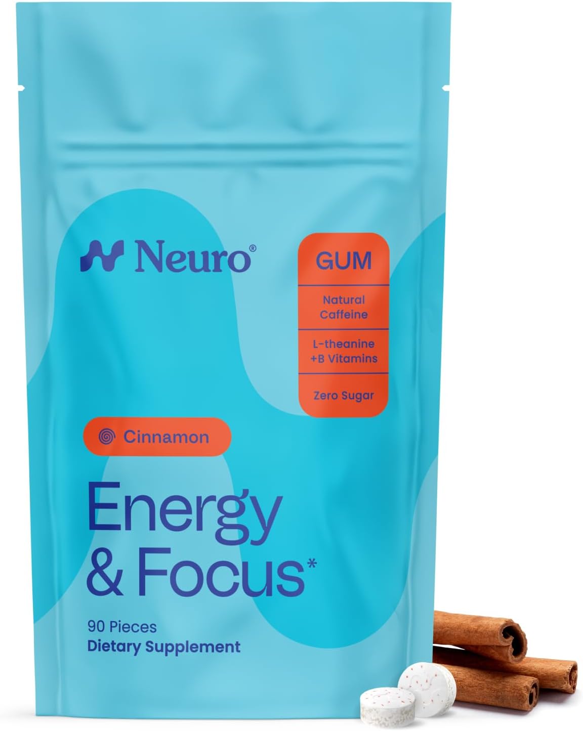Neuro Energy & Focus Gum - Caffeine Gum with 40mg Natural Caffeine & L-Theanine - Nootropic Energy Supplement with B Vitamins - Sugar Free, Vegan - Cinnamon, 90ct