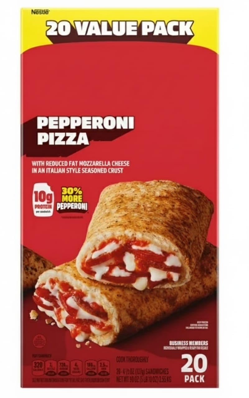 Pepperoni Pizza Sandwiches, Frozen, Premium pepperoni and sauce with reduced-fat mozzarella cheese Garlic buttery crust, 20 ct, 76.5 oz.