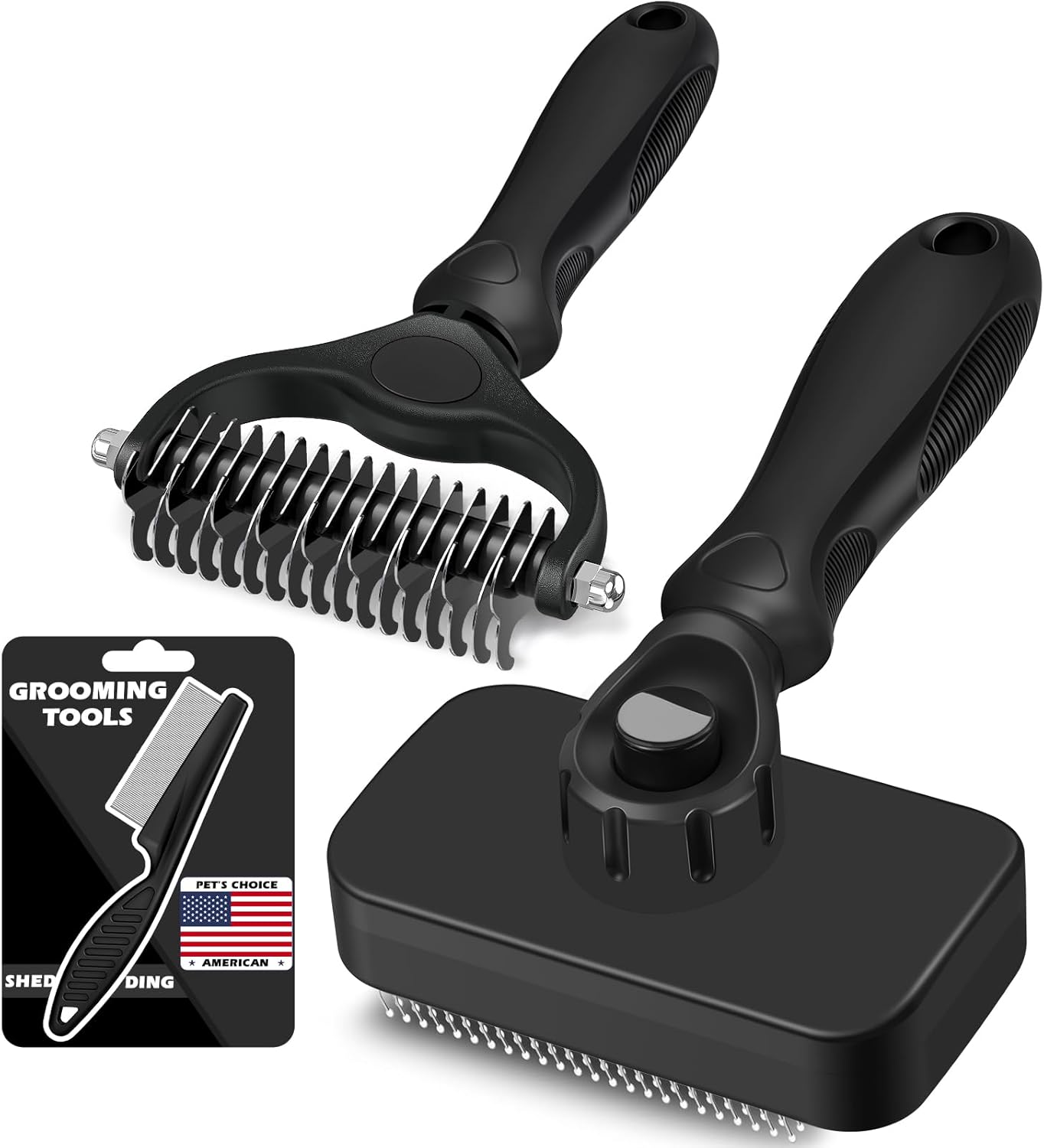 3PCS Self Cleaning Slicker Brush & Pet Grooming Rake & Flea Comb for Dogs,Cats and Horses | Double-Sided Dematting Comb & Skin Friendly Deshedding Grooming Tool | Premium Pet Supplies (Black)