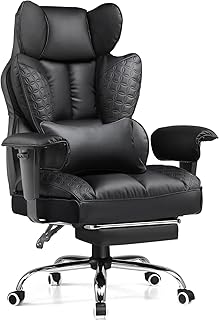 COMHOMA Big and Tall Office Chair 400LBS Wide Ergonomic Gaming Chair with Deluxe Embossing Designed Leather with Foot Rest,150°Reclining Adjustable Armrests Pocket Spring Back Support and Pillow