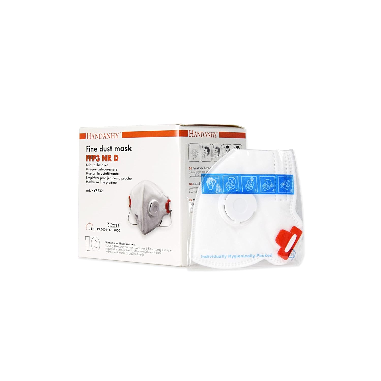 Handanhy HY8232 (x10) NR D Premium Disposable Respirator - FFP3 Face Masks with Exhalation Valve - CE Marked Certified & Tested by BSI, Individually Wrapped (Pack of 10)