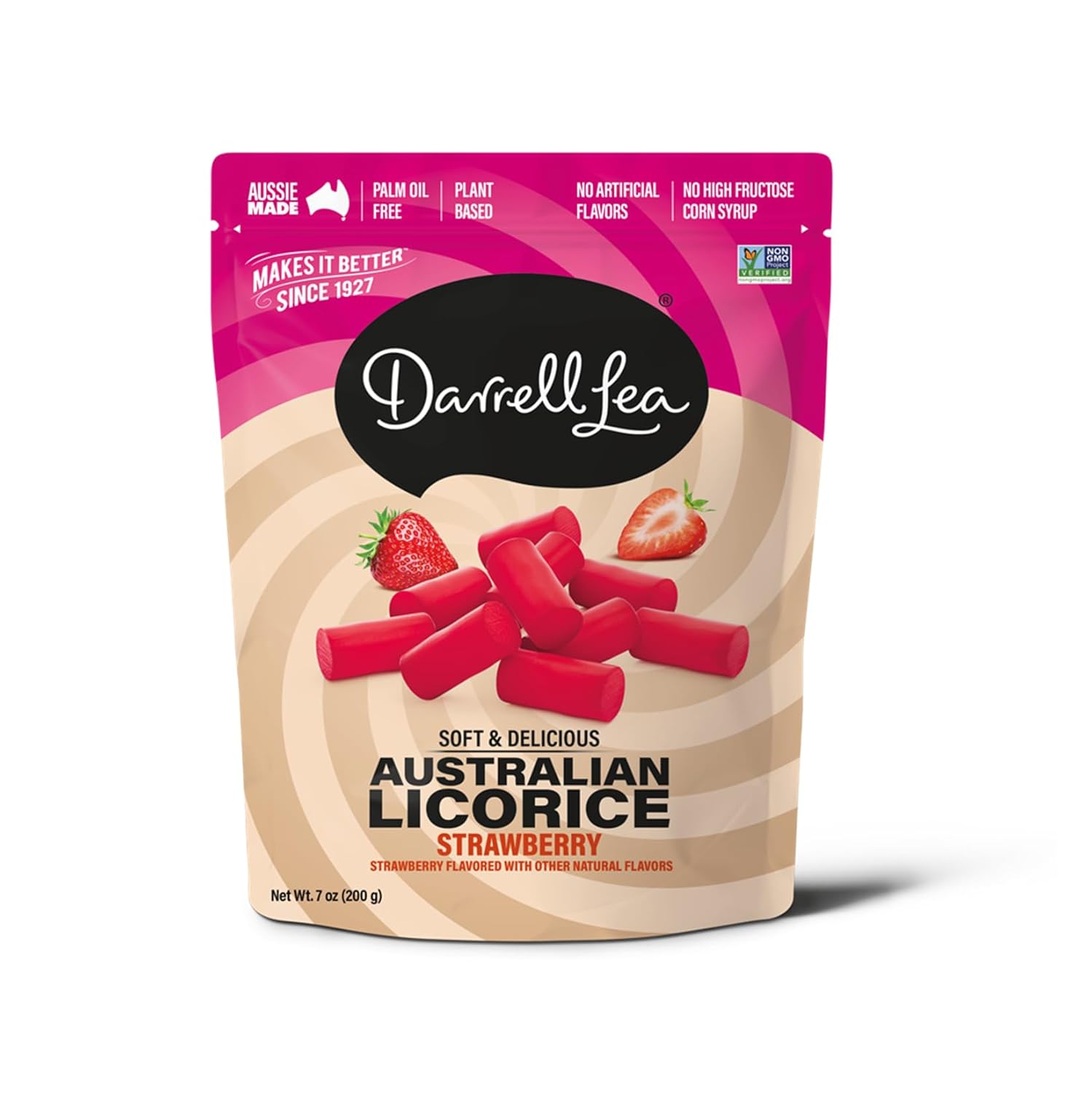 Darrell Lea Soft Australian Licorice, Non-GMO, No Palm Oil, Plant Based, No High Fructose Corn Syrup, Soft & Chewy Licorice Candy, Made in Australia (Strawberry, 7 Ounce (Pack of 1))