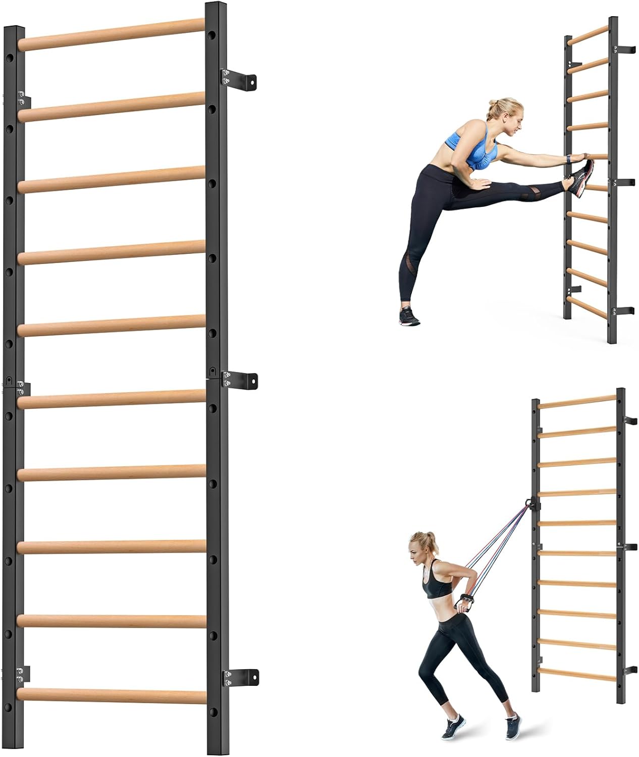 Kipika Gymnastic Stall Bar - 2"x2" Swedish Ladder with 1" Hole, Wall Mounted Pull-up Bar Ladder Suspension Trainer, Solid Wood Grips Gymnastics Training Bar for Home, Wall Gym, School