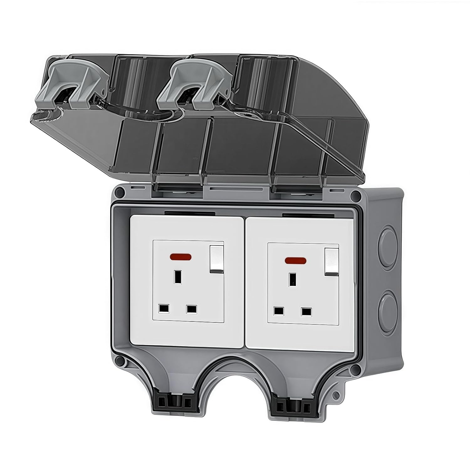 IP66 Waterproof Outdoor Power Outlet Box with Lockable Cover, Double Socket, 16A 250V Weatherproof Electrical Socket for Garden, Patio, Garage, and Industrial Use​（2UK with Switch）