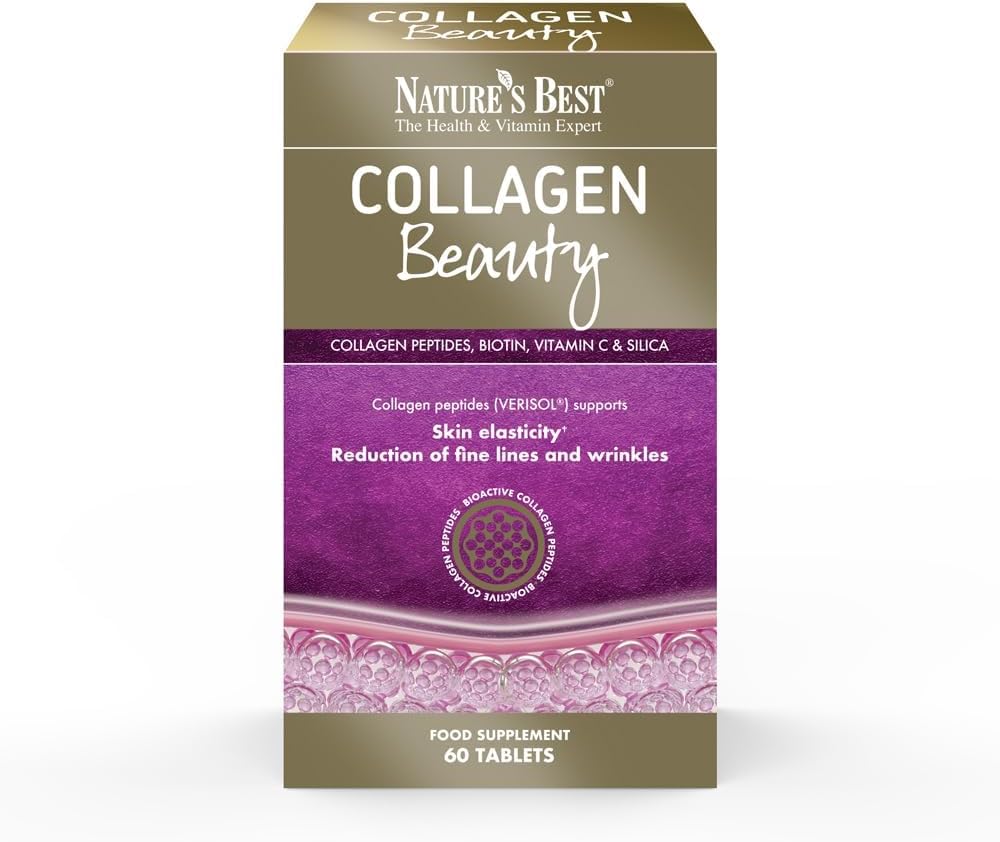 Nature's Best Collagen Beauty Capsules - Supports Skin Elasticity & Reduces Fine Lines - Collagen Peptides, Biotin, Vitamin C - High Dose & Taste-Free - UK Made - 60 Tablets