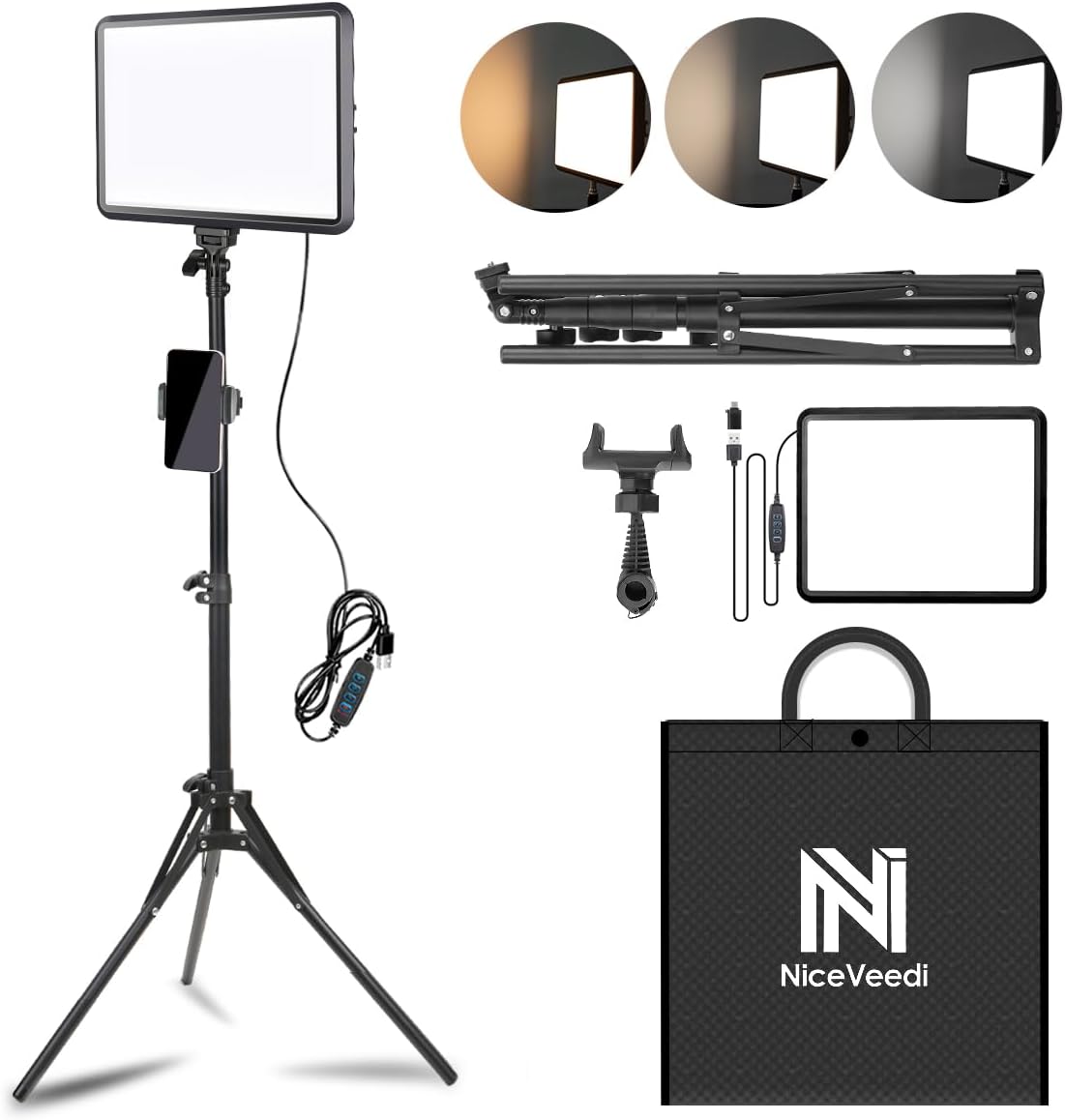 NiceVeedi Photography Lighting Kit, 25 * 20CM Dimmable 15W LED Studio Video Light, Stream Selfie Light for Recording/Game Streaming/Camera Portrait, With 160CM Tripod (15w-1 Pack)
