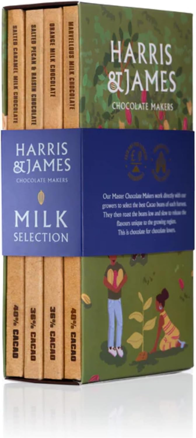 Harris & James Milk Chocolate Bar Library Pack, 4 Flavours of Milk Chocolate, Marvellous Milk 40%, Salted Caramel 40%, Chocolate Orange 36%, Pecan & Raisin 36% (86g Bars)