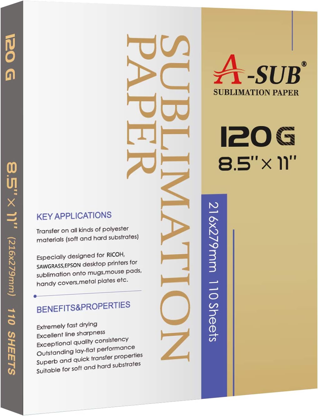 A-SUB Sublimation Paper 8.5x11 Inch 120GSM, 110 Sheets - Compatible with Inkjet Printers & Sublimation Inks, High Transfer Efficiency for T-Shirts, Mugs, Crafts