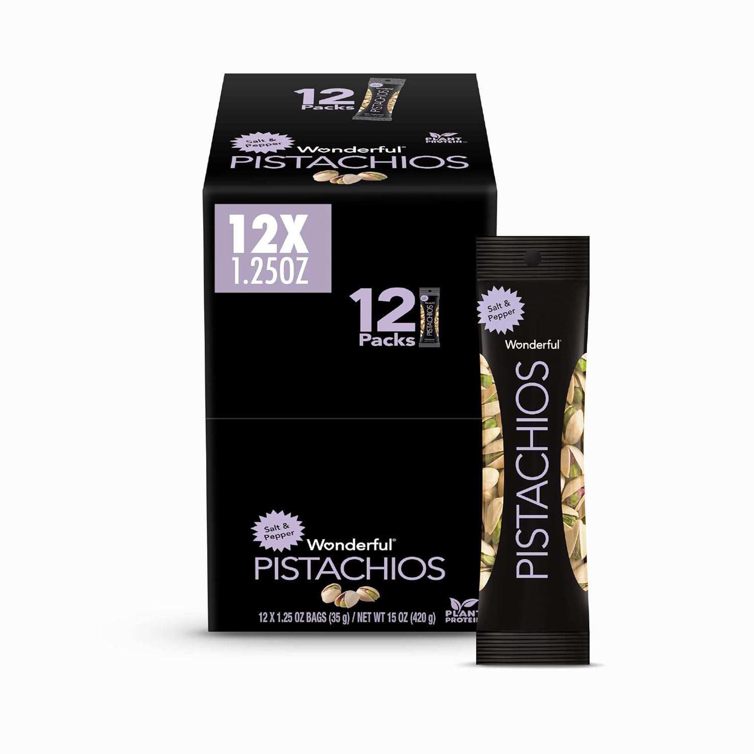 Wonderful Pistachios In Shell, Salt and Pepper Flavored Nuts, 1.25 Ounce Bag (Pack of 12), Protein Snack, On-the-Go, Individually Wrapped Healthy Snack
