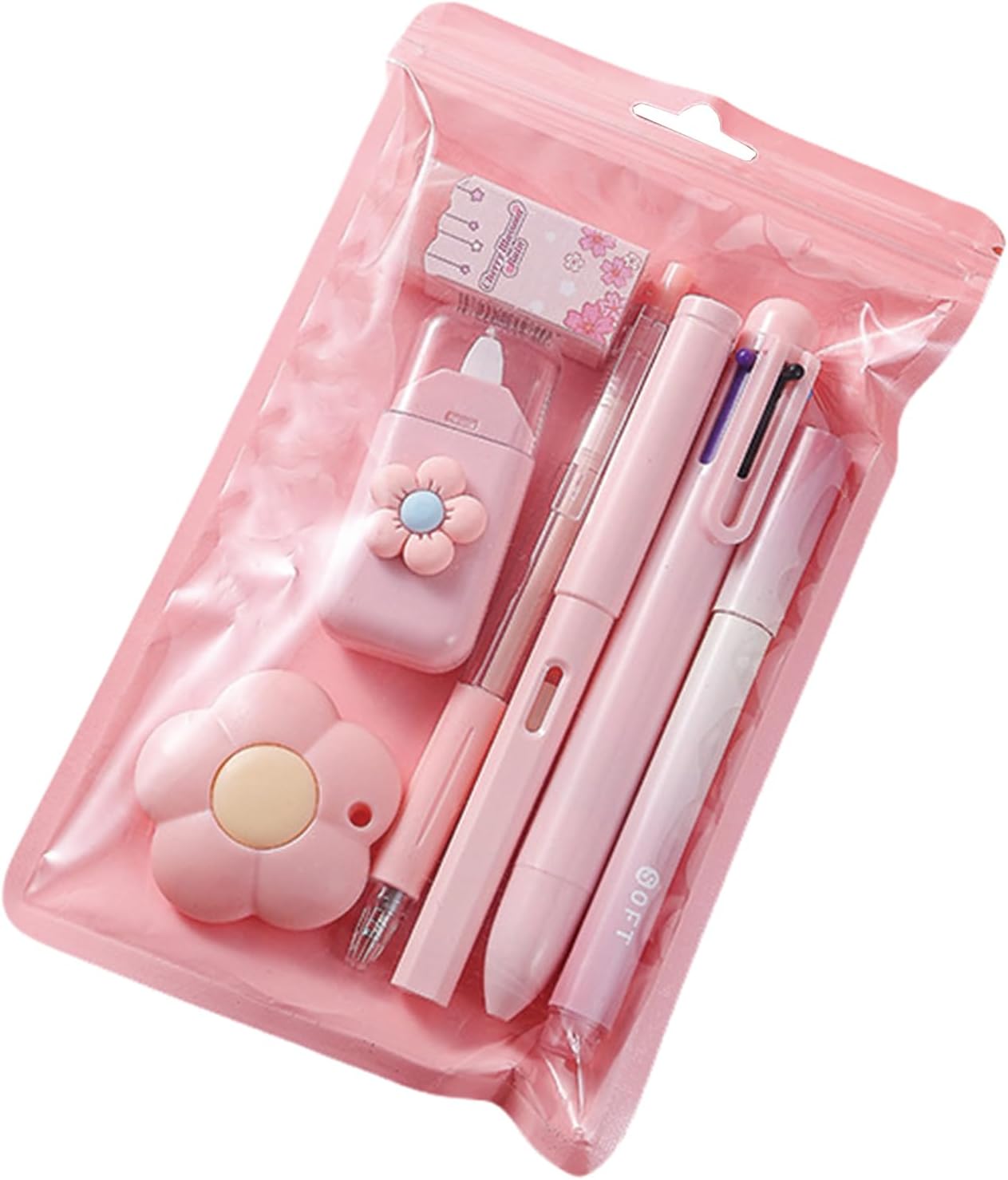 7 Pcs Cute Pink Stationery Set Kawaii School Supplies Office Supplies Including Ballpoint Pens Pencil Sharpener Highlighter Correction Tape Ruler Utility Knife (Pink)