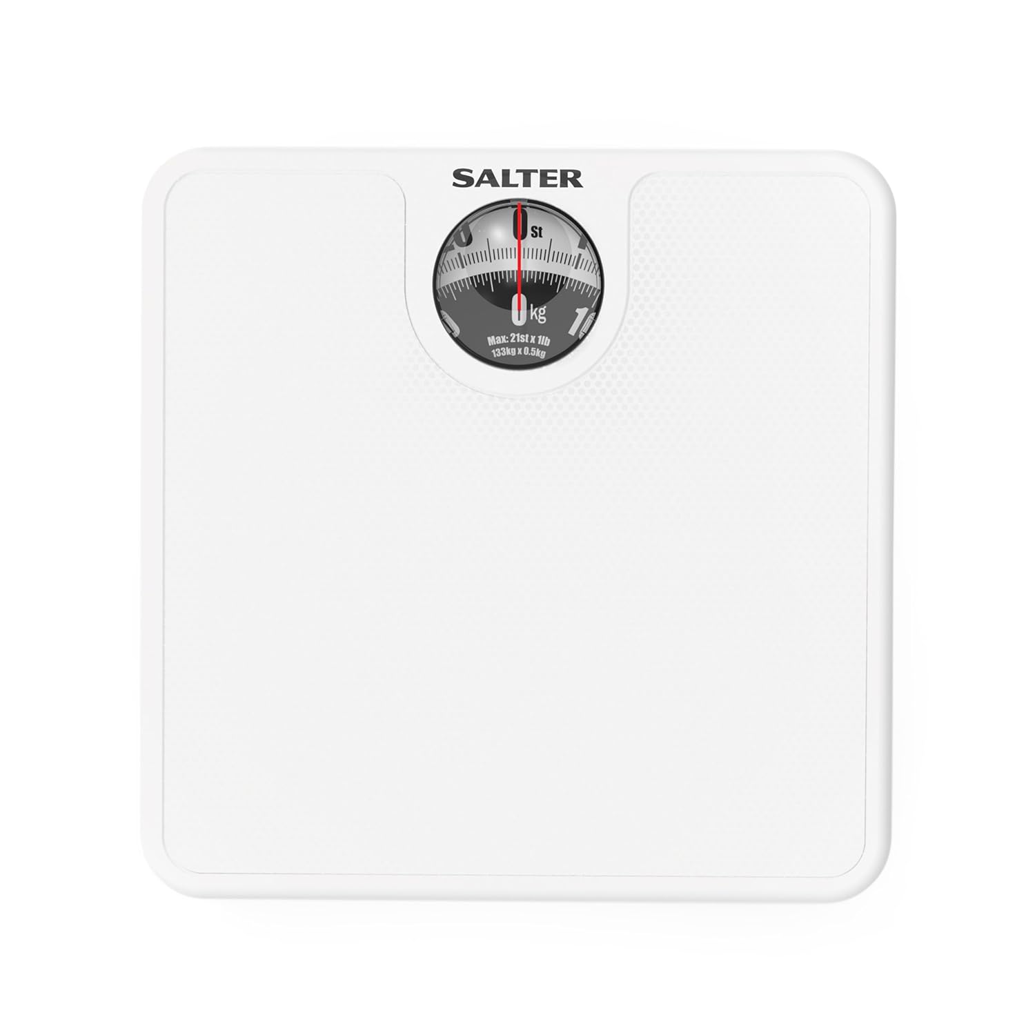 Salter Mechanical Bathroom Scale – Analogue Body Weighing Scale, Classic Fitness Scale, 133kg Capacity, Easy Read Display with Magnifying Lens, Non-Slip Mat, No Batteries Required, White