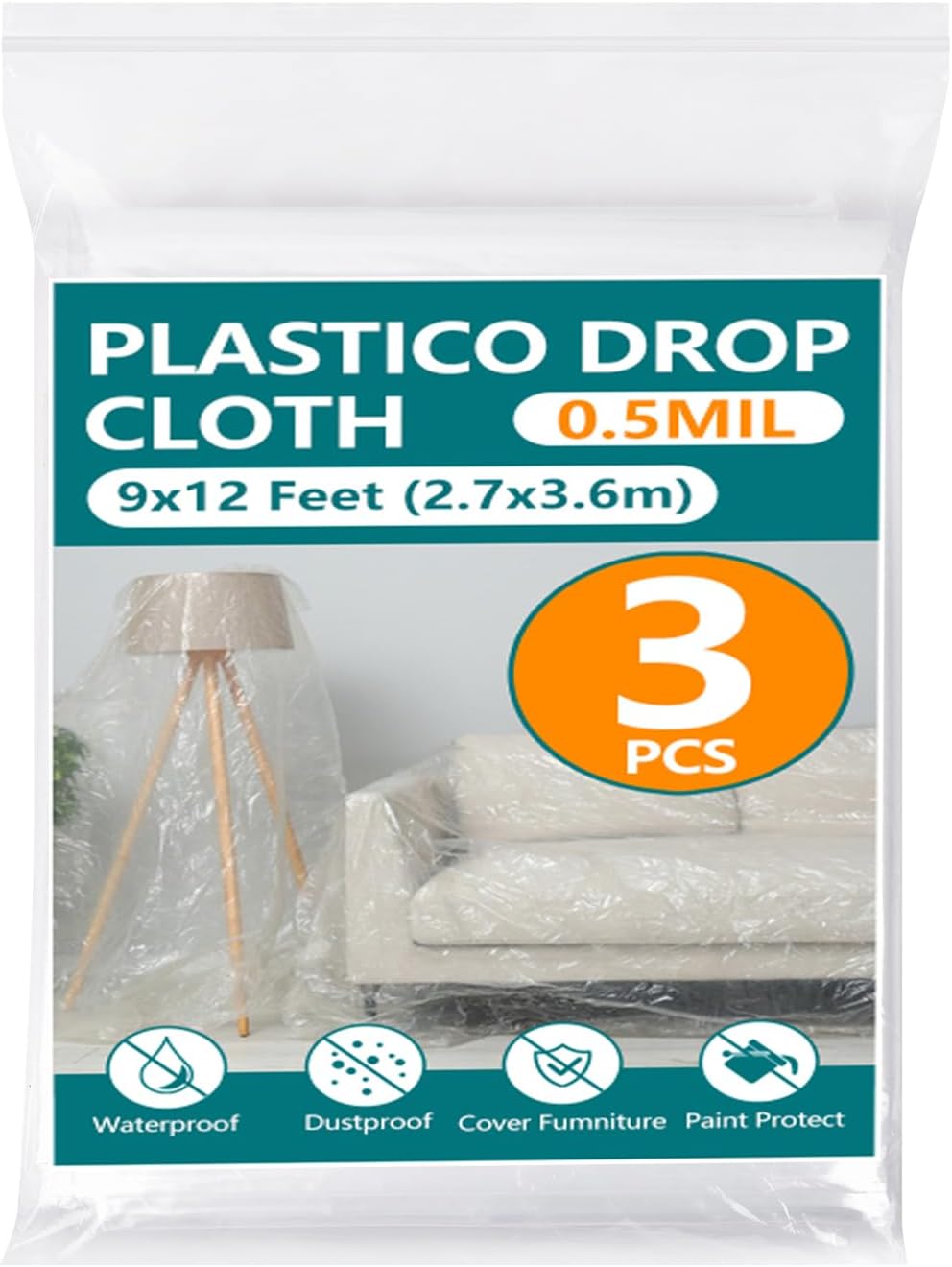 3-Pack 12x9ft Plastic Drop Cloths - Disposable Painter's Sheeting for Floor/Furniture/Car Protection,Paint Drop Cloth
