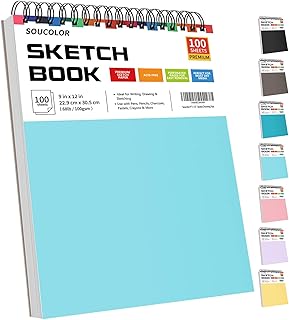 Soucolor 9" x 12" Sketch Book, 1-Pack 100 Sheets Spiral Bound Art Sketchbook, Acid Free (68lb/100gsm) Artist Drawing Book Paper Painting Sketching Pad for Kids Students Adults Beginners