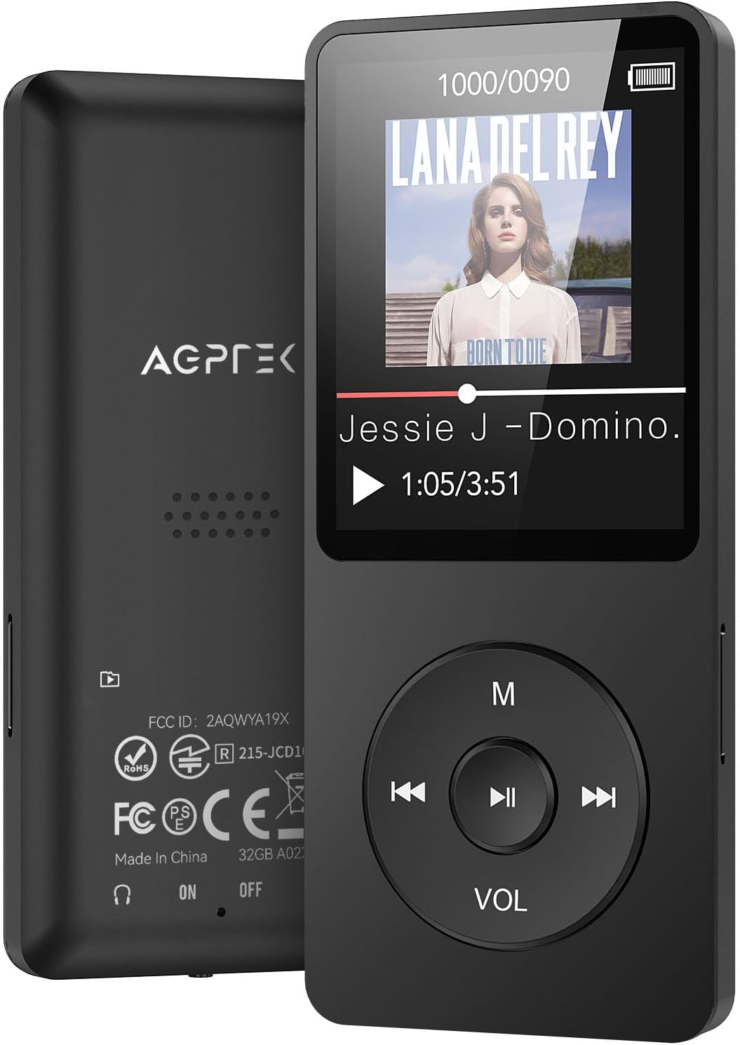 AGPTEK A02 MP3 Player with Bluetooth 5.3, 1.8 inch Screen Portable Music Player with Speaker, FM Radio, Voice Recorder, Supports Expanded Up to 128GB(Black, 32GB)