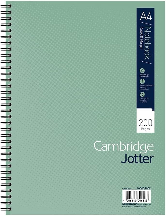 Cambridge Jotter A4 Notebook, Wirebound, 8 mm Lined with Margin, 200 Pages, 80GSM, Single Notepad, Perforated Edges