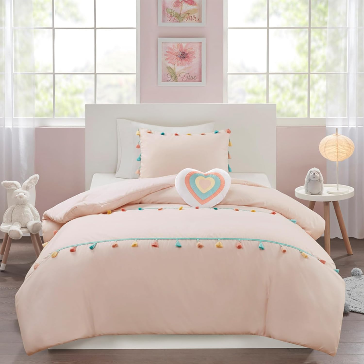 Mi Zone Kids Queen Comforter Set for Girls, Pink Comforter Set Queen, Tessa Adorable Teen Bedding Sets for Girls, Fun Colorful Pom Pom Tassel, Sham, Boho Heart Throw Pillow, Full/Queen, Blush 4 Piece