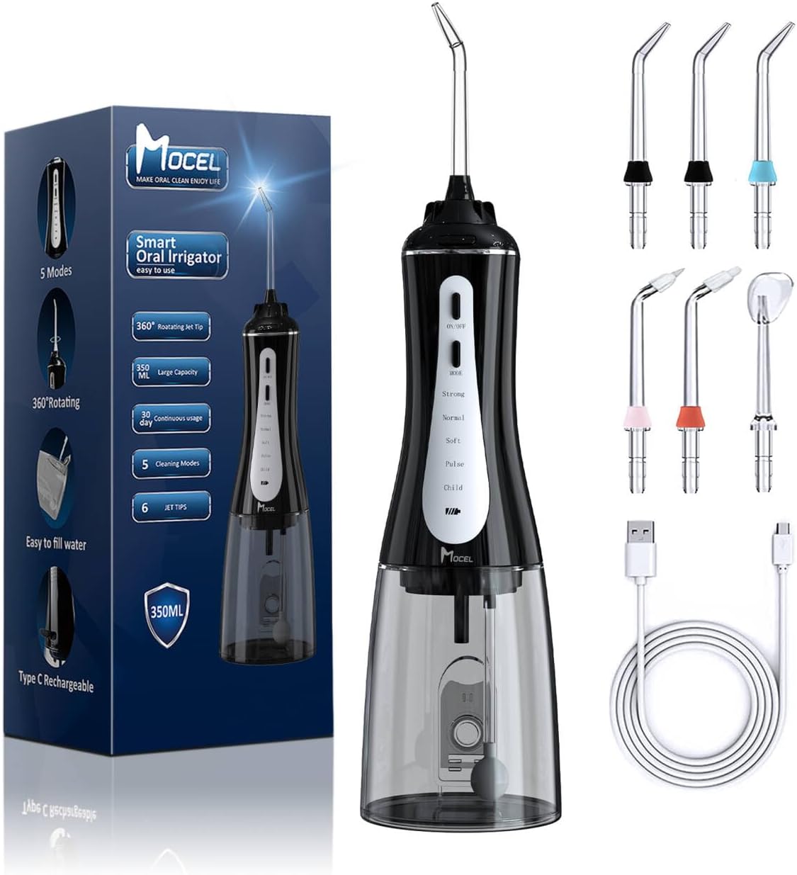 MOCEL Water Dental Flosser Oral Irrigator with 5 Modes, 350ml Cordless Water Teeth Cleaner Pick 6 Tips, IPX7 Waterproof Rechargeable Portable Powerful Battery for Travel & Home Braces & Bridges Care