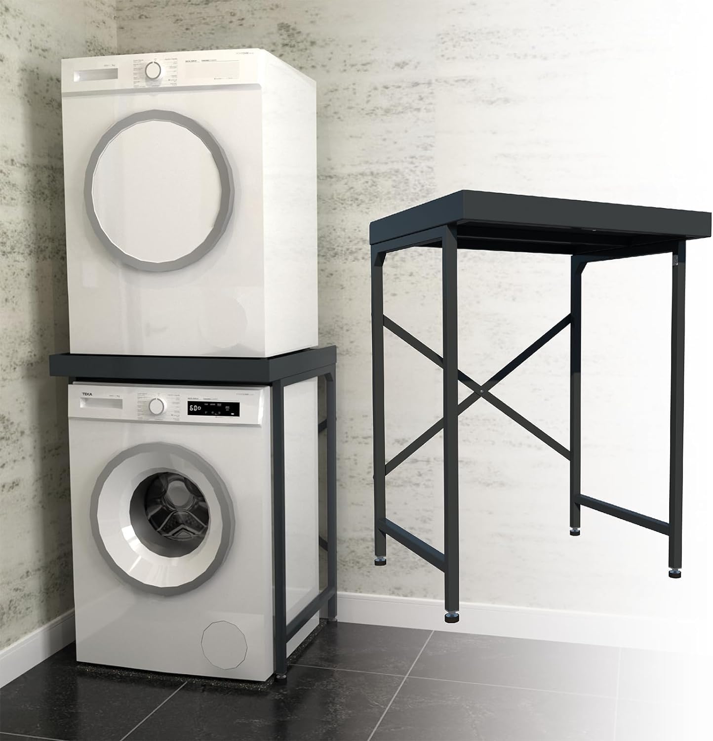 Appliance Stand with Worktop & Anti-Tip Plinth – Heavy-Duty Washing Machine Stand & Universal Stacking Kit | Washer & Dryer Pedestal for Laundry, Utility Room, or Garage – 500KG Steel Frame ( Grey )