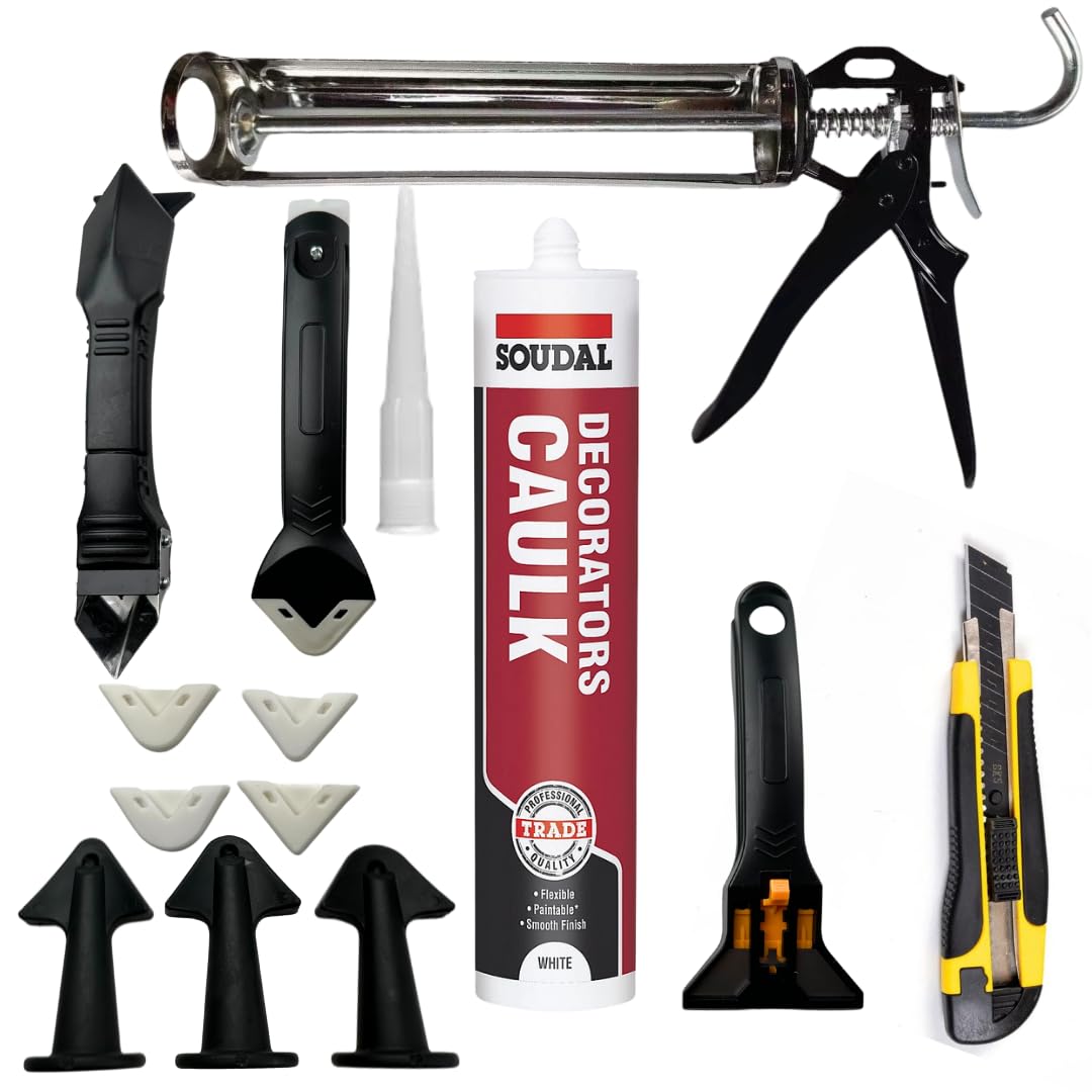 Tsekouri Decorators Caulk White Set - Bundle With Sealant Gun, Silicone Sealant Tool Finishing 3 in 1 Kit Smoothing Set And Soudal White Caulk Gap And Crack Filler Acrylic Silicone Adhesive Sealant