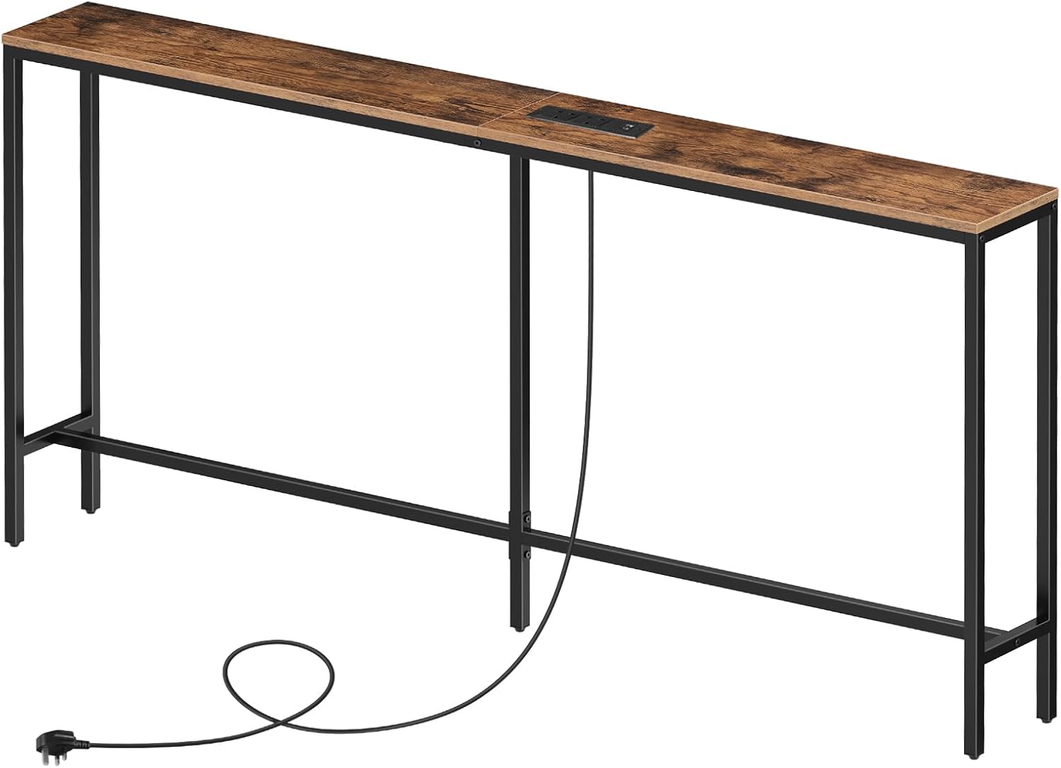 Skinny Console Table with Power Outlets, 160 cm Narrow Sofa Table, Behind Couch Table with Charging Station for Plants, Living Room, Rustic Brown and Black ACTHR165KE01
