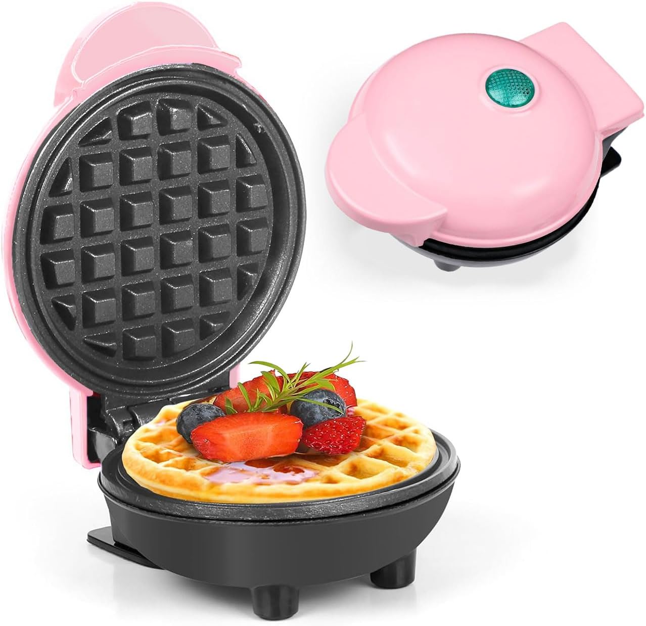 AHDXKUE Mini Waffle Maker Non-Stick Waffle Iron Machine, Mini Pancake Maker with Power/Ready Indicator Light Waffle Maker for Waffles, Sweet/Savoury Snacks Desserts, Pink