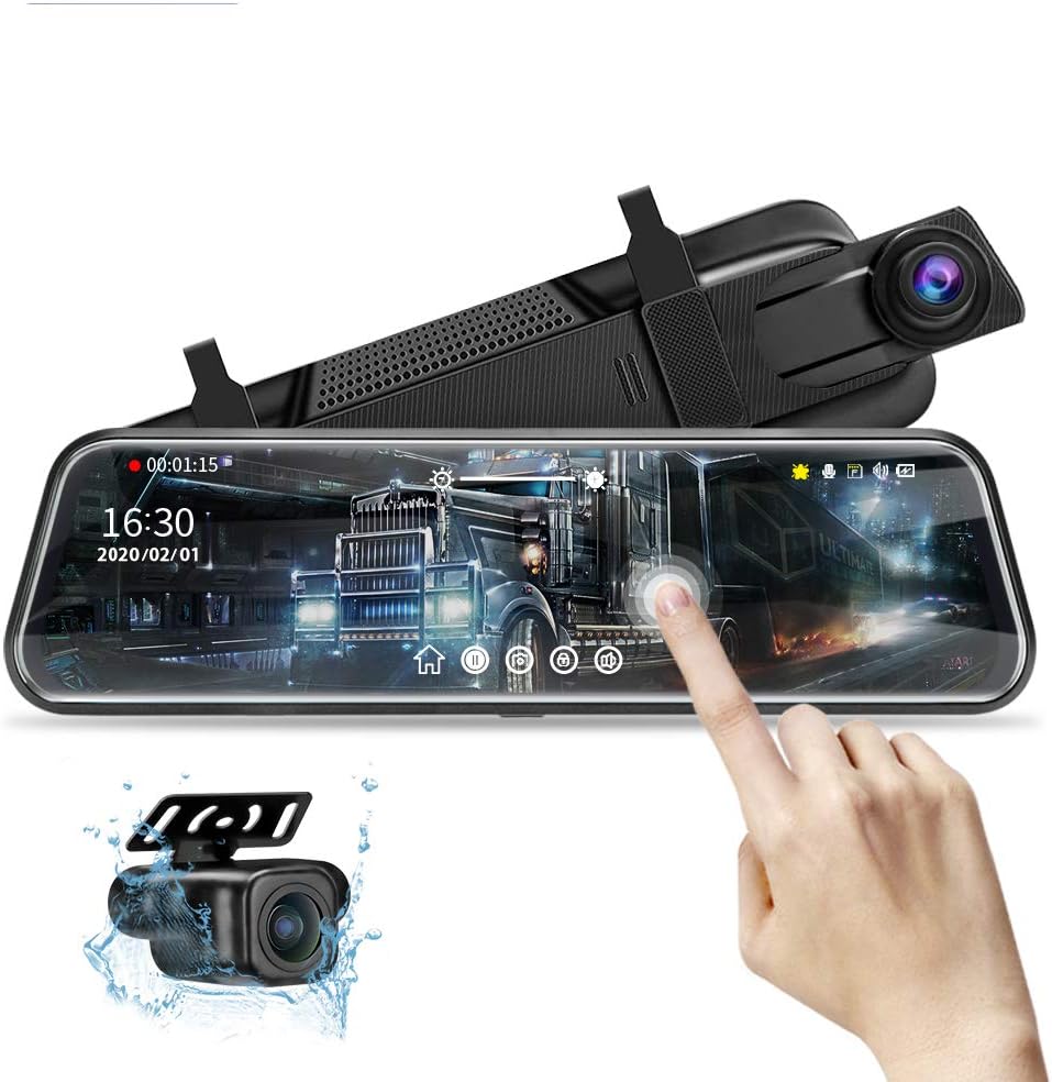10'' Mirror Dash Cam Night Vision 1080P FHD Full Touch Screen Front and Rear View Backup Camera for Cars Loop Recording Streaming Media 170°Wide Angle Parking Assistance with 10 Meters Cable