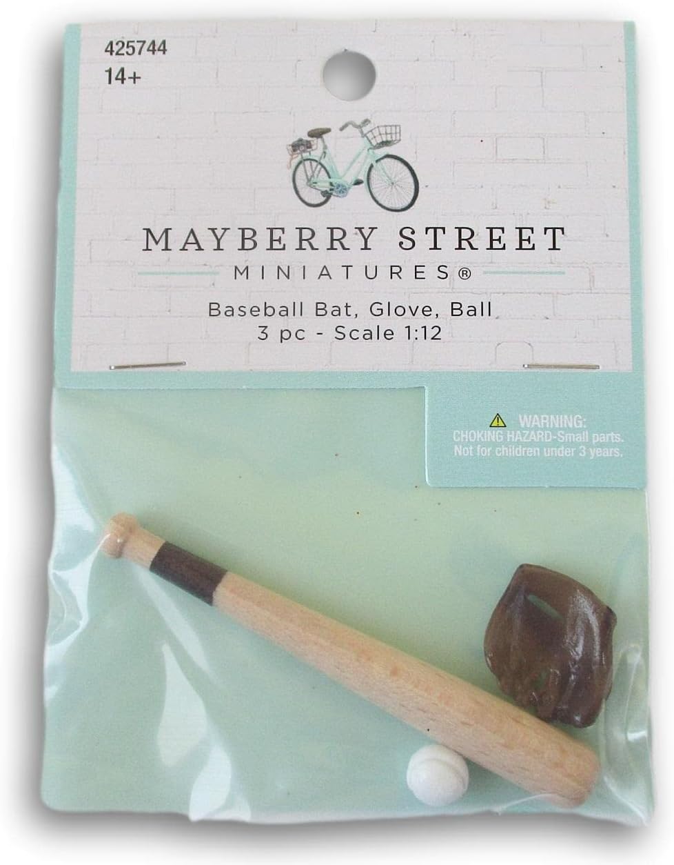 Dollhouse and Craft Miniatures - Baseball Bat, Glove, and Ball - 3 Count - Scale 1:12