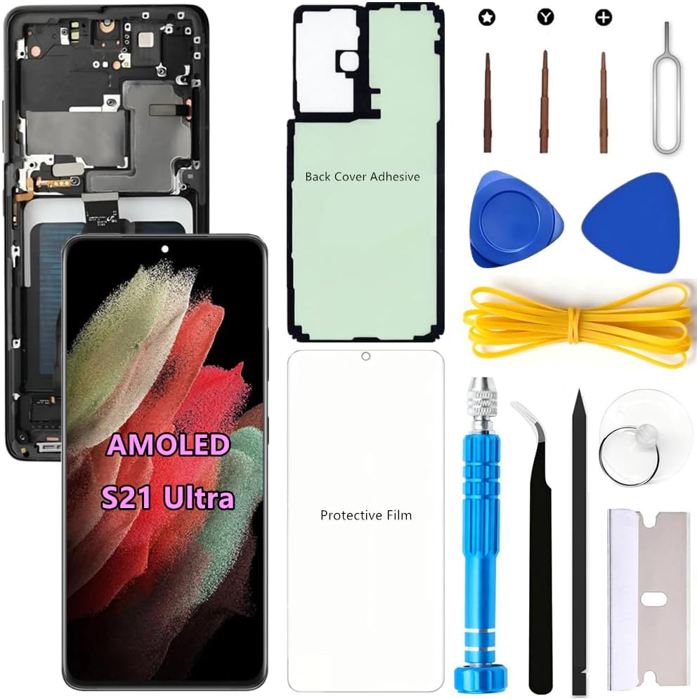 AMOLED Screen Replacement for Samsung Galaxy S21 Ultra 5G for Samsung S21Ultra SM-G998U SM-G998U1 LCD Display Digitizer Touch Assembly Support Fingerprint (Black Frame+Protector+Adhesive+Tools)