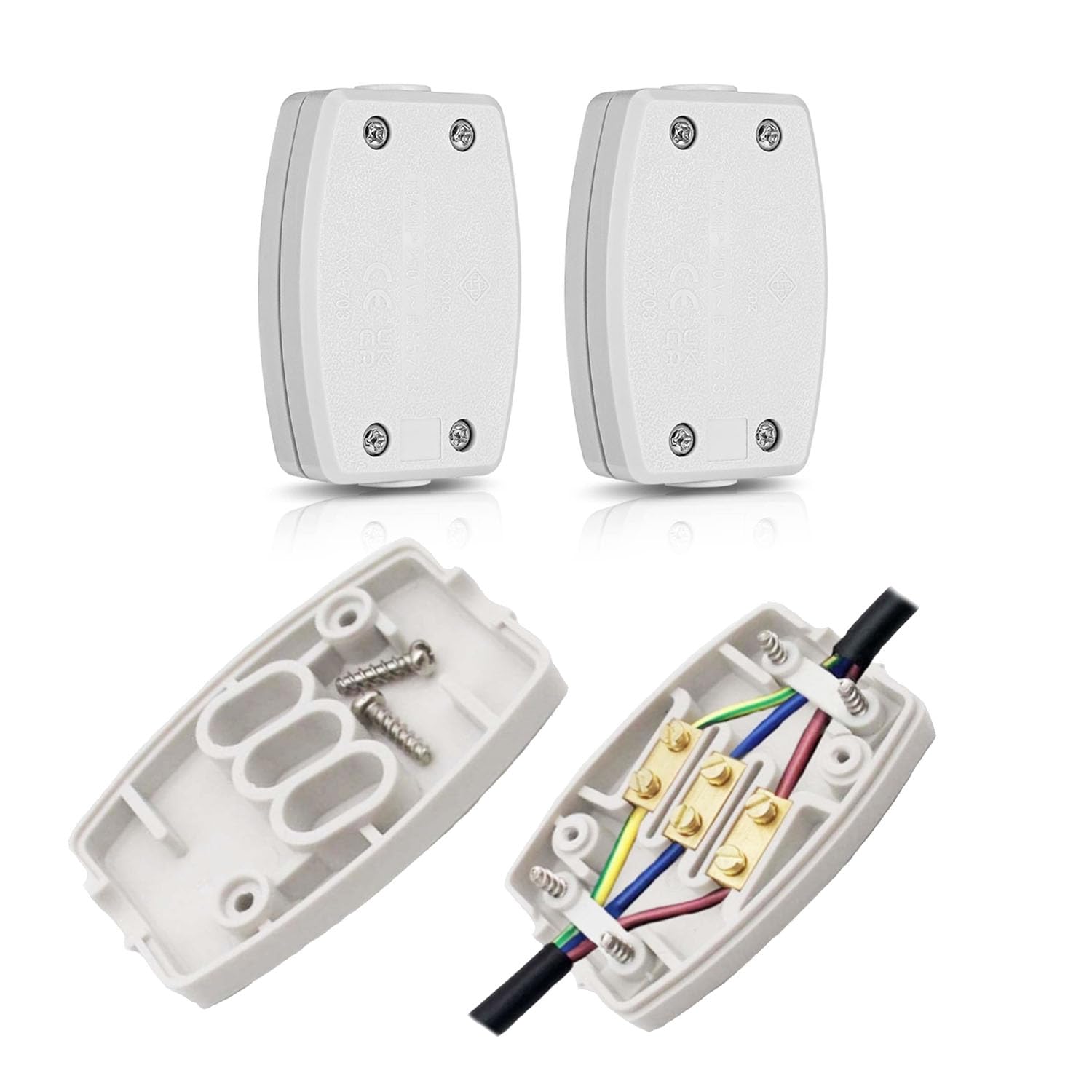 2Pcs 3 Terminal Electrical Cable Junction Box 13Amp 250v Flex Connector 3 Core Cable Connectors For Indoor Lighting, Electrical Power, Wiring(White)
