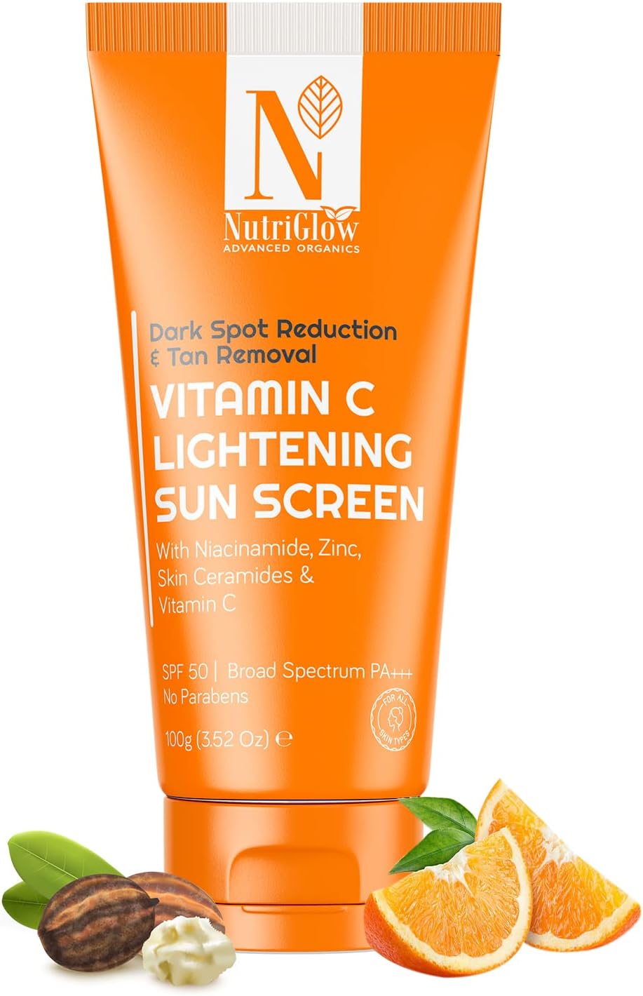 NUTRIGLOW Advanced Organics Vitamin C Lightening Sunscreen SPF50 PA+++ for Sun Protection, Quick Absorb, All Skin Types, 3.5 Oz