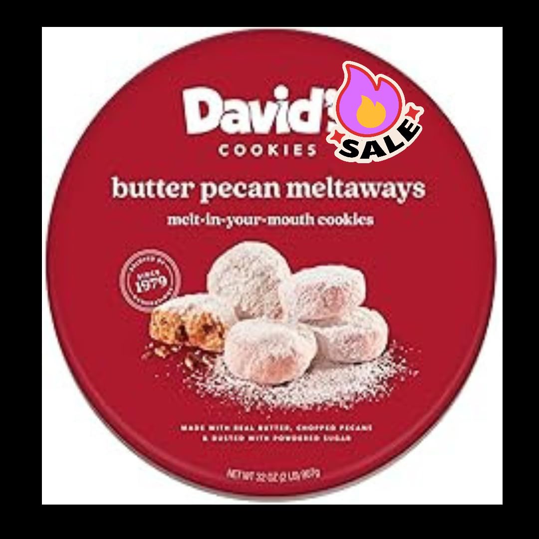 Davids~Cookies Butter Pecan Meltaway Cookies, Round Tin, Crunchy Pecans, Powdered Sugar, All-Natural, Kosher, 1 & 2 Pack (1 Pack)