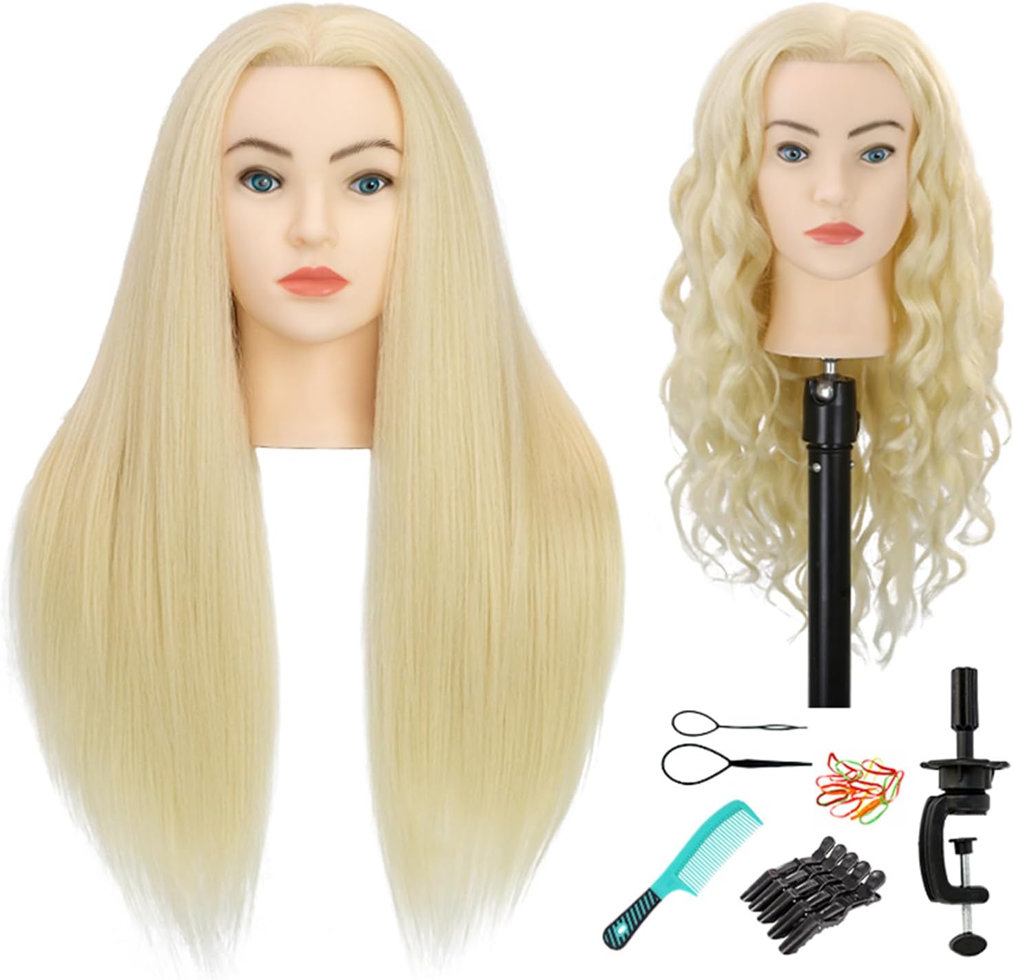 28" Mannequin Head with Human Hair Light Blonde 80% Real Hair Blue Eyes Styling Practice Mannequin Head Doll Head for Cosmetology & Hairdresser with Free Clamp Stand and Tools(613#)