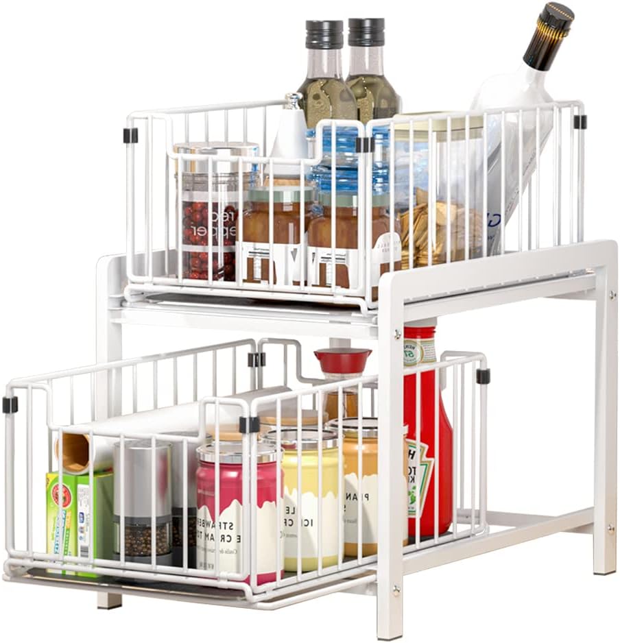 YunNasi Under Sink Storage 2-Tier Pull Out Sliding Basket for Cabinet Kitchen Cupboard Organiser Detachable Metal Storage Rack for Bathroom (Regular, WhiteWhite)