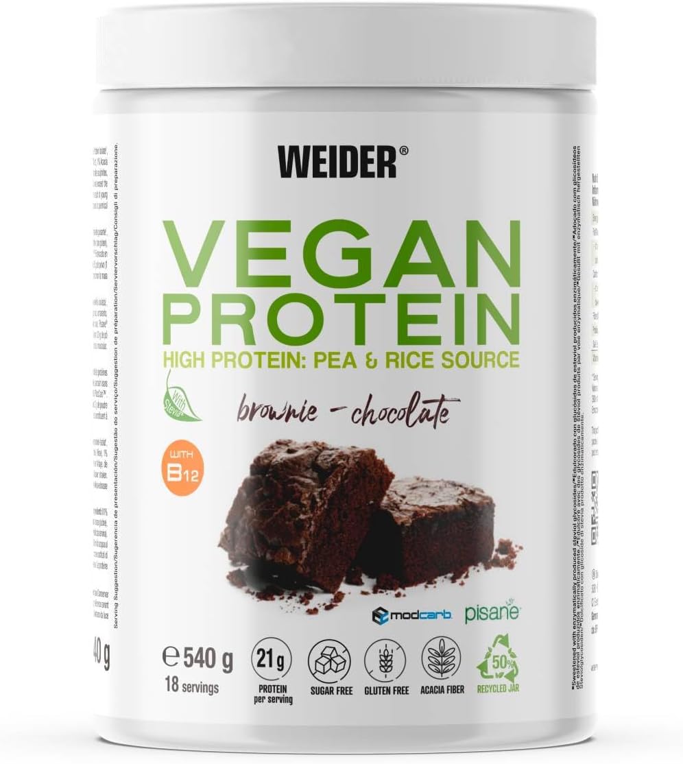 Weider Vegan Protein (540g) Brownie-Chocolate Flavour. Quality Protein 100% Plant-Based 21g/Serving, Pea Isolate (Pisane) & Rice. with Vitamin B12 & Stevia. Gluten Free, No Sugar. (18 Servings)
