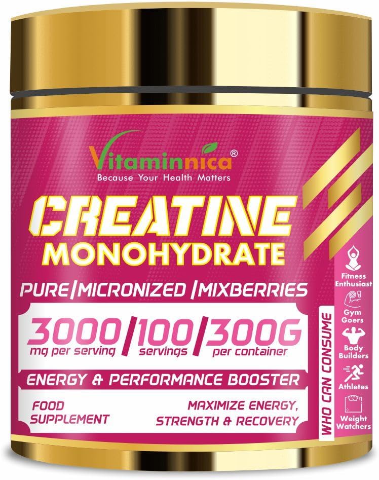 Vitaminnica Micronized Creatine Powder, 100% Pure Creatine Monohydrate Powder for Performance and Muscle Power | 100 Servings, 300 g (300g, Mixberries)