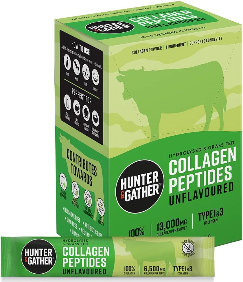 Hunter & Gather Bovine Collagen Powder 30 x 6.5g Sachets | Pure Unflavoured Premium Hydrolysed Bovine Collagen Peptides Powder for Hair Skin Nails Muscles | Collagen Supplements for Women and Men