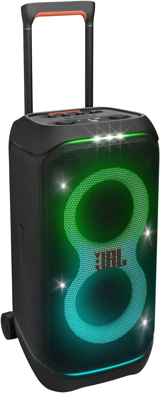 JBL PartyBox Stage 320 Portable Bluetooth Party Speaker with Wheels and Telescopic Handle, JBL Pro Sound, Splashproof Design, Light Show, AI Sound Boost, 18-Hour Playtime, Black