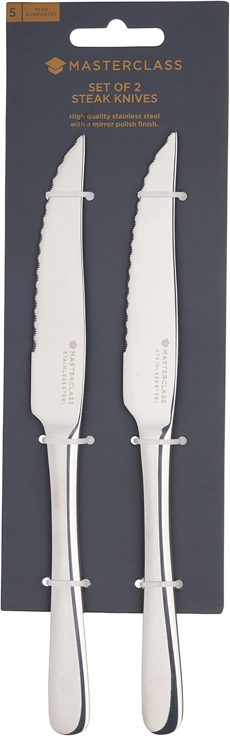 MasterClass Steak Knives Set, Two Stainless Steel Knives for Steak, Serrated Edges for Effortless Cutting, Stain and Corrosion Resistant, Dishwasher Safe, Silver
