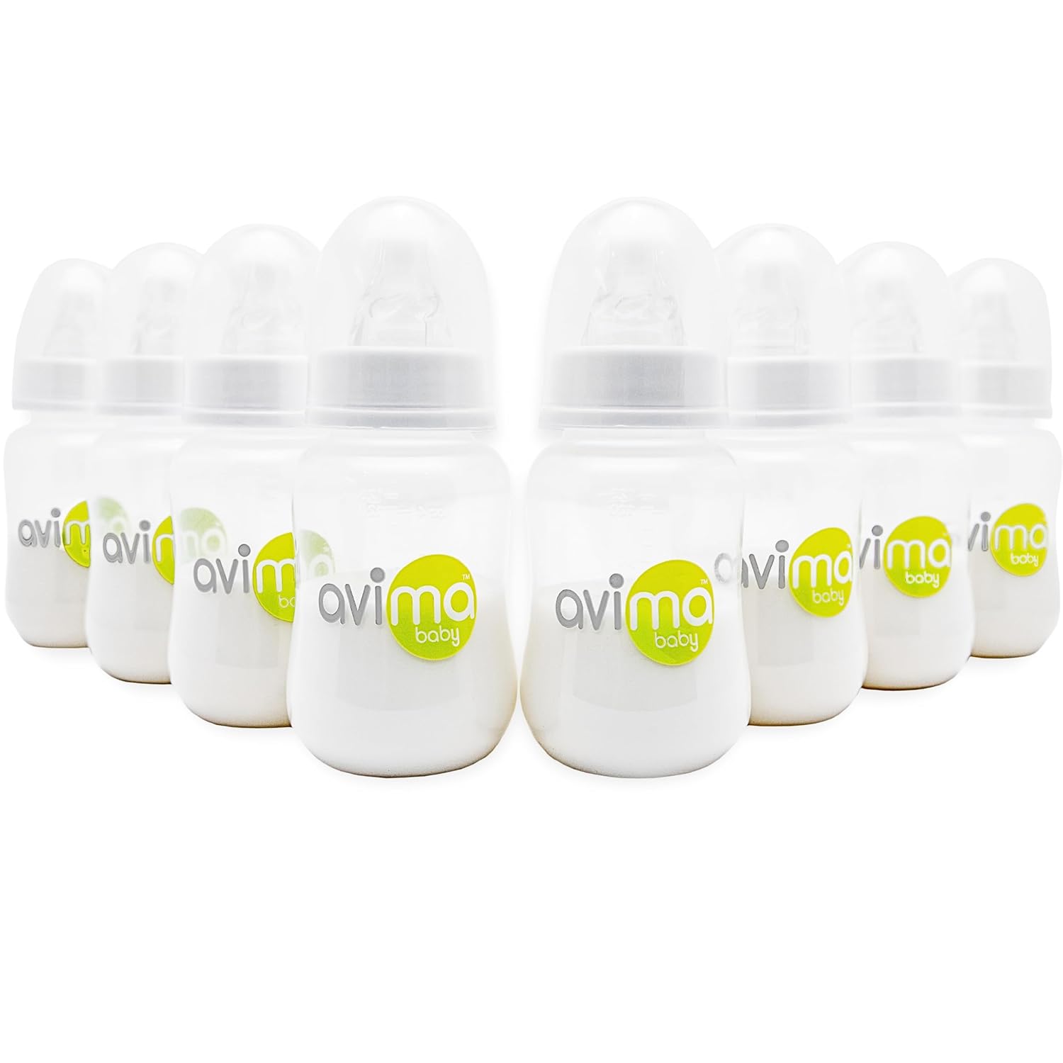 Avima 4 oz Anti Colic Baby Bottle Set - Slow Flow Nipples Included, Standard Neck, BPA Free - Newborn 0-3 Months, Stage 1 Feeding for Gas, Spit Up & Colic (Set of 8)