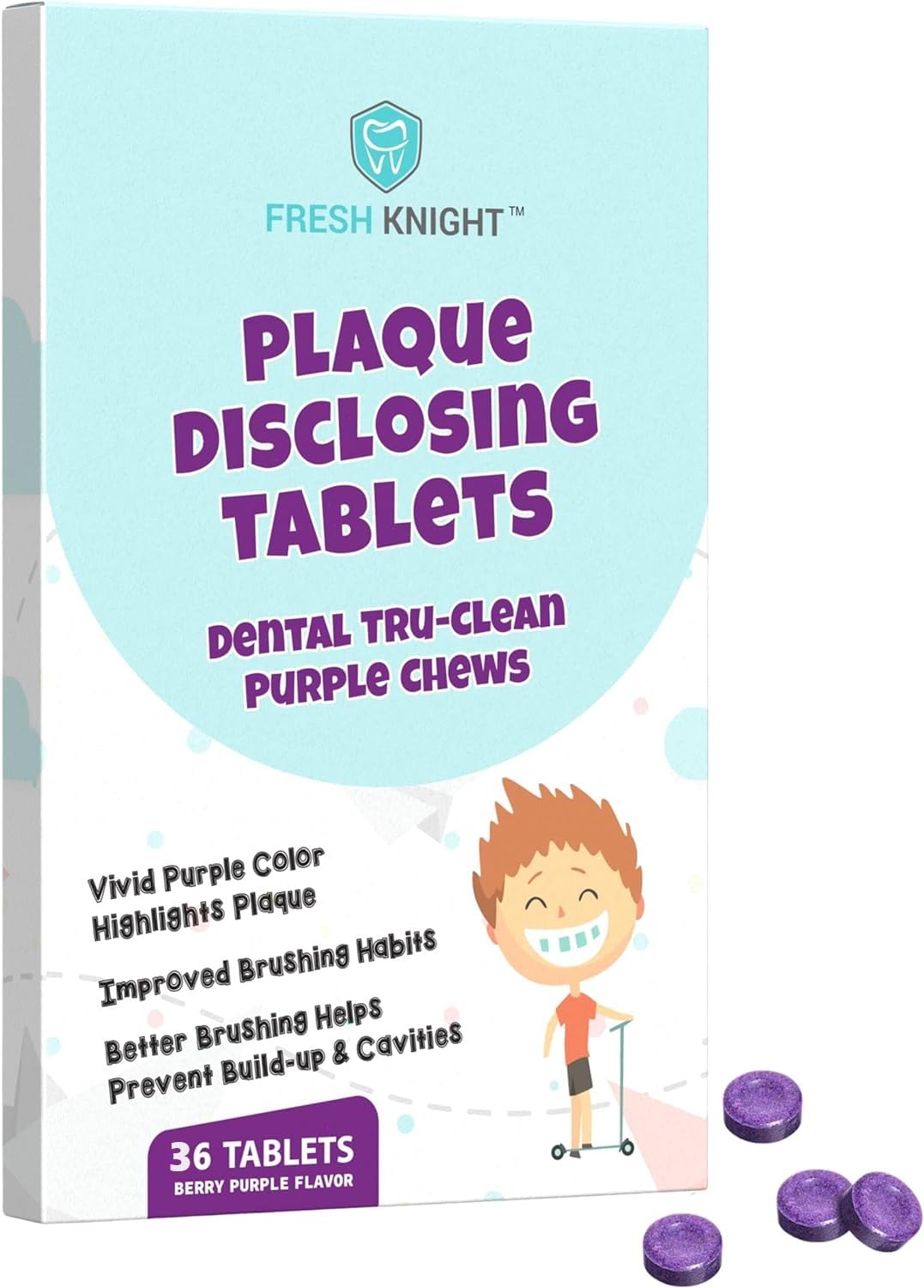 36 Count, Plaque Dental Disclosing Tablets for Kids or Adults, Shows Plaque, Helps Teach Brushing Habits for Clean Teeth, by Fresh Knight, Pack of (1)