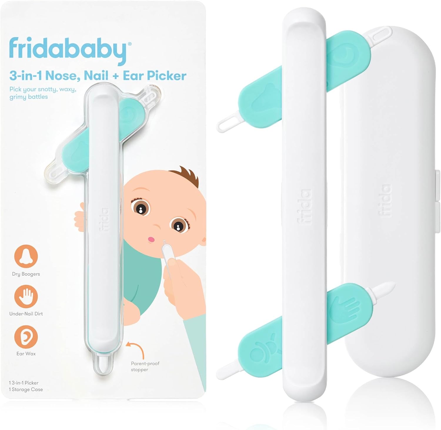 Frida Baby 3-in-1 Nose, Nail + Ear Picker: Baby Ear Cleaner + Baby Nose Cleaner and Nail Tool for Babies + Toddlers, Safely Clean Baby's Boogers, Ear Wax & More, 3-in-1 Picker + Storage Case
