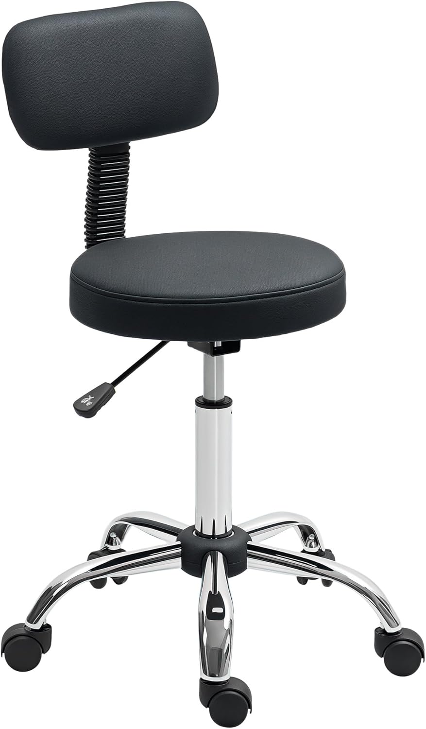 HOMCOM Height Adjustable Rolling Stool with Backrest, Salon Stool Chair with Wheels, Faux Leather Swivel Task Chair for Tattoo, Massage, Facial, Spa, Home Kitchen, Black