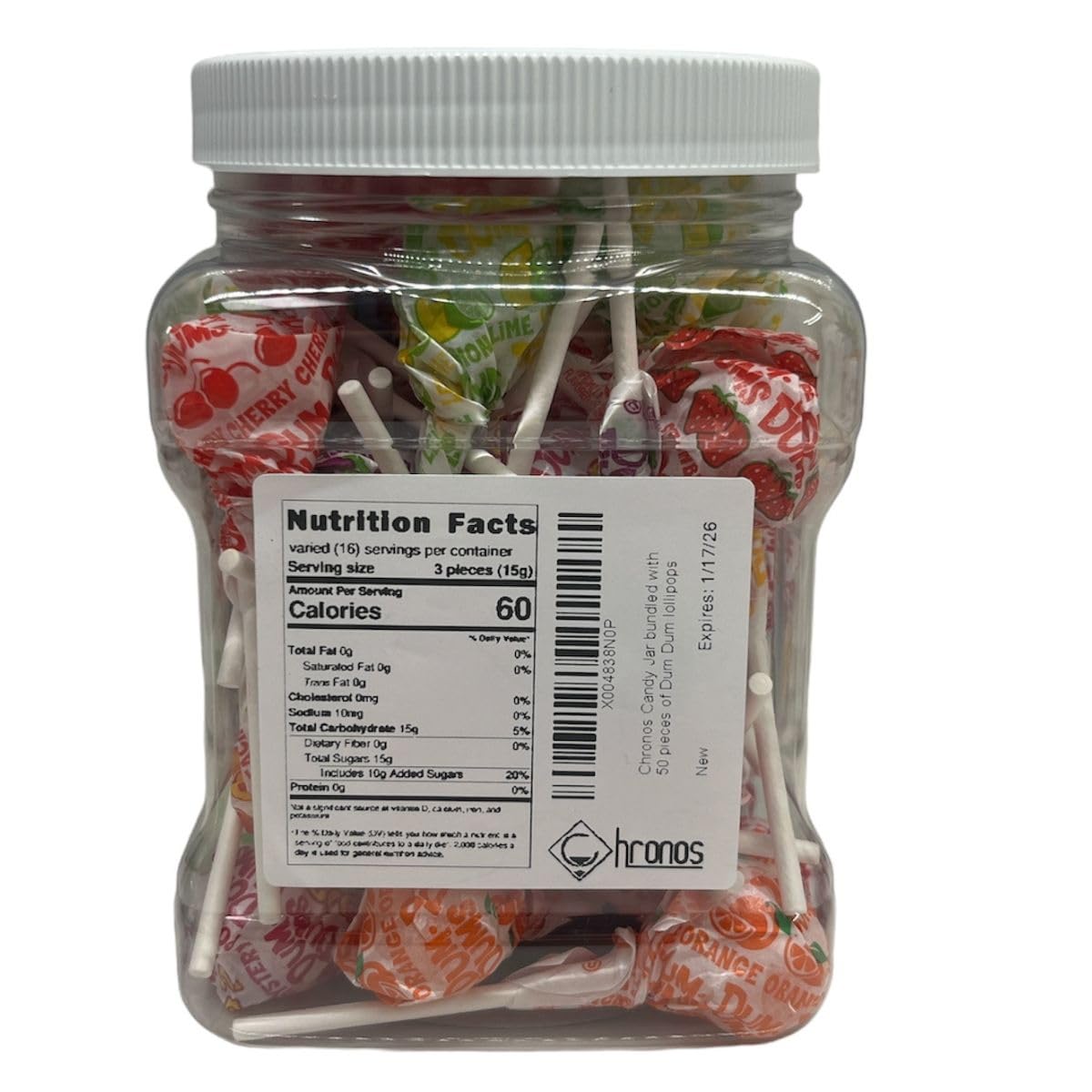 Chronos Candy Jar bundled with 50 pieces of Dum Dum lollipops individually wrapped suckers gluten free 16 flavors classic nostalgic candy perfect for birthday gift parties and holidays