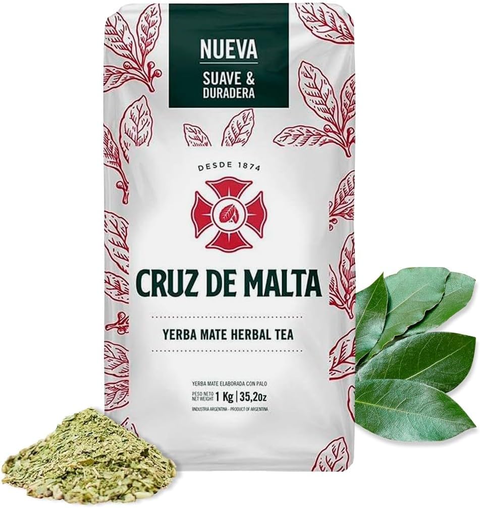 Yerba Mate CRUZ DE MALTA 2.2 lb / 1kg | USA Specific Packaging | Traditional Argentina Brew Gluten-Free | Large Leaf Low Dust Yerba Mate