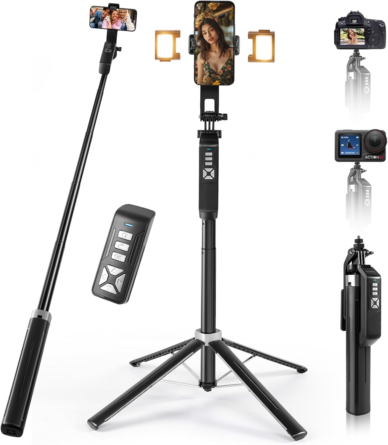 INMOZATA Selfie Stick Tripod with Light, 71" Extra Phone Tripod Stand for Filming with Detachable Bluetooth Remote, Extendable Tube Selfie Stick for iPhone, Android, Camera, Gopro
