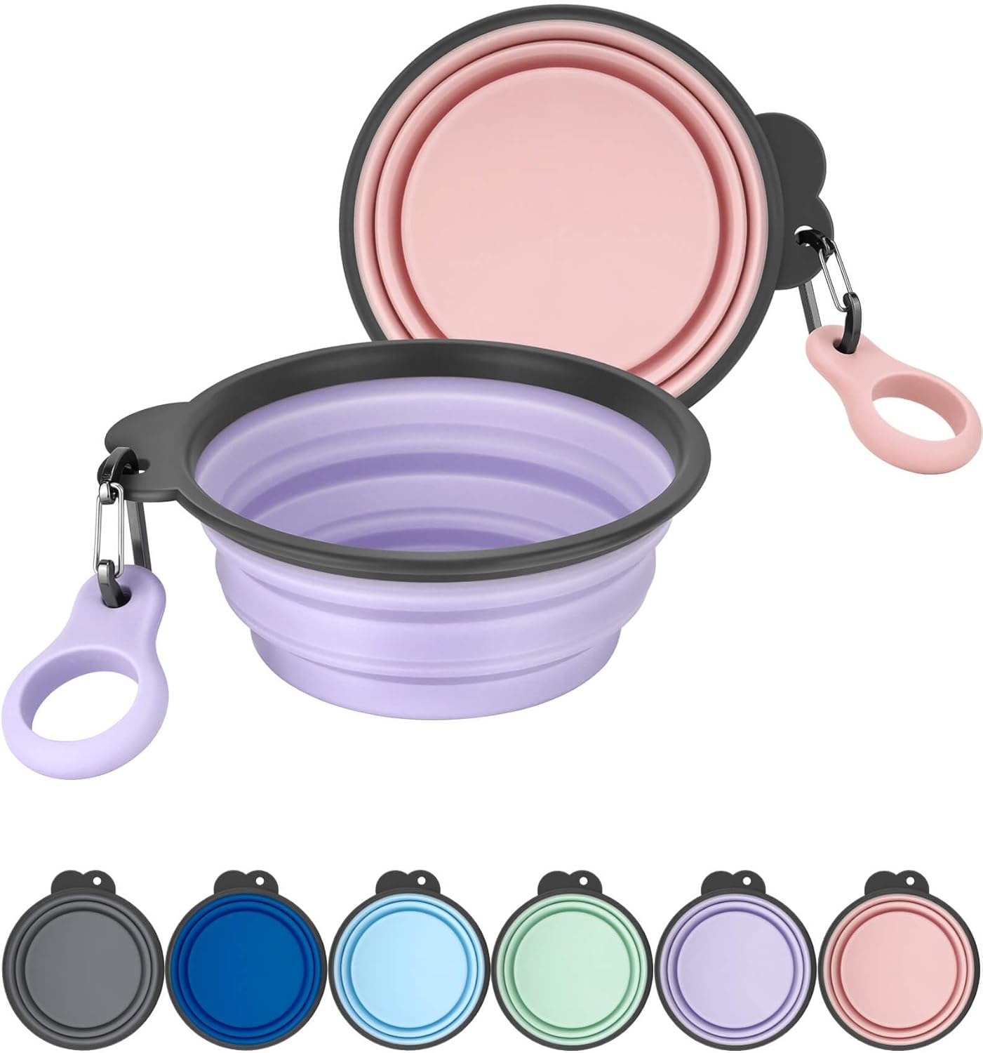Collapsible Dog Bowls with Bottle Carrier, 2 Pack Travel Dog Water Bowl with Upgraded Carabiner, One-piece Molded Rim No Fall Off or Crack (Pink/Violet, Small(Pack of 2))