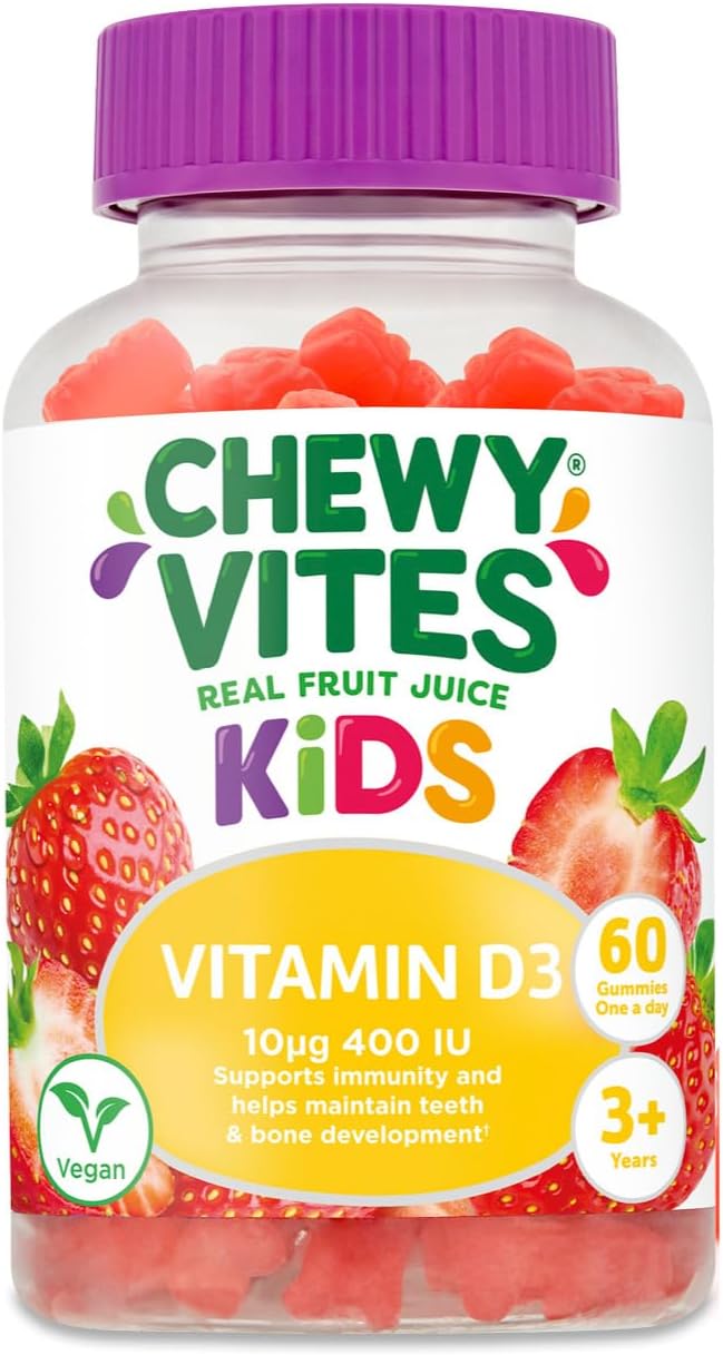 Chewy Vites Kids High Strength Vit D3, 60 Kids Vitamin D Gummies, 10 mcg 400 IU Vitamin D3, 2 Months Supply, Vegan, Real Fruit Juice, Age 3 +, Strawberry Flavour