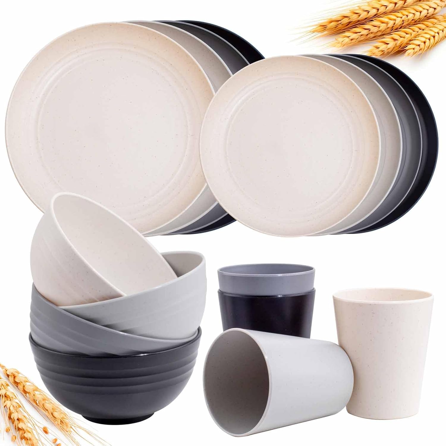 Rubtlamp Wheat Straw Dinnerware Sets, 16PCS Plastic dinnerware Set for 4, Wheat Straw Plates and Bowls Sets, Unbreakable Dinnerware Plastic Microwave Safe Dishes Det for Kitchen&Camping