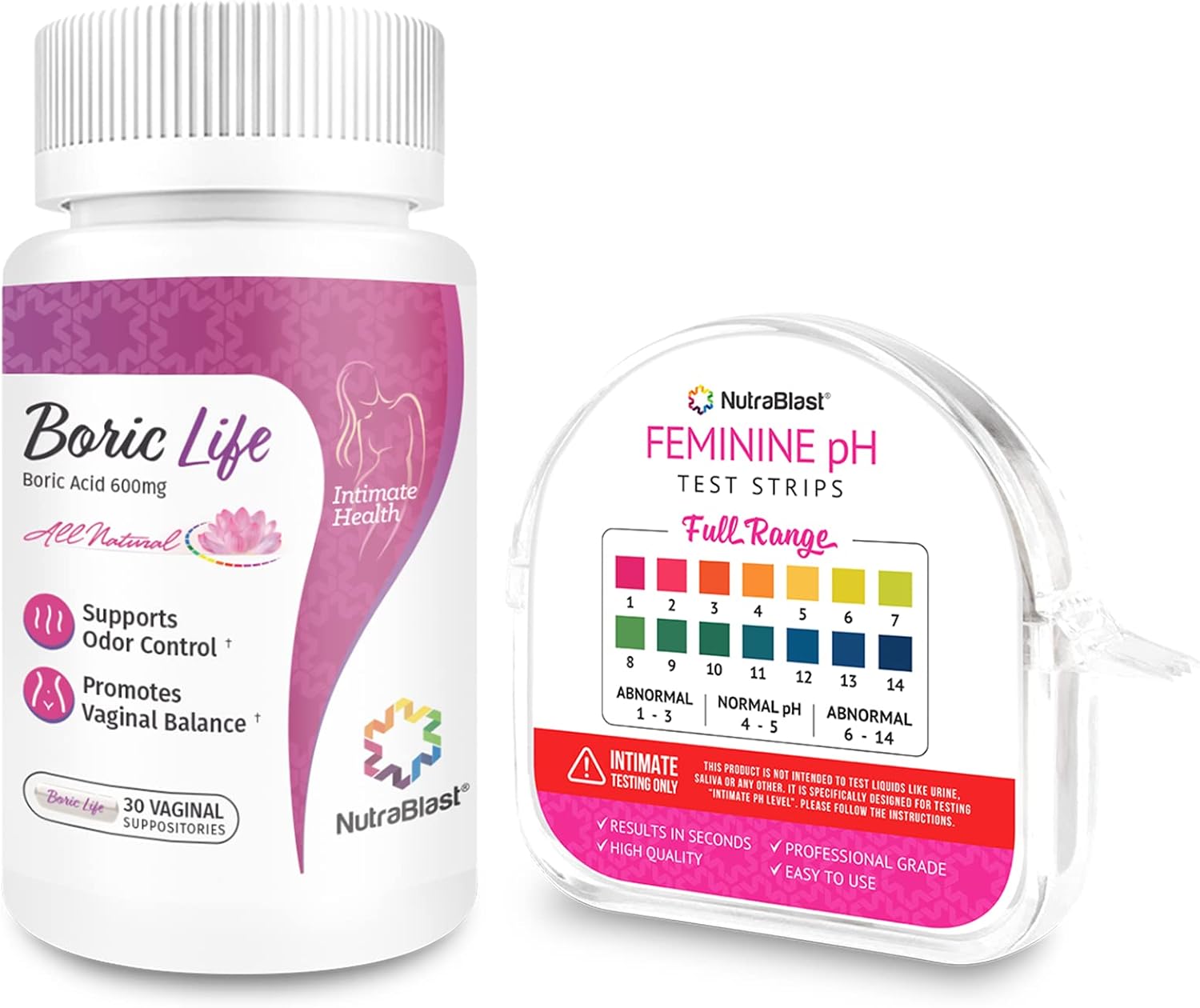 NutraBlast Boric Acid Vaginal Suppositories 600mg (30 Count) & Feminine pH Test Strips 1-14 (100-Tests Roll) | Monitor Feminine Intimate Health | Acidity & Alkalinity Balance