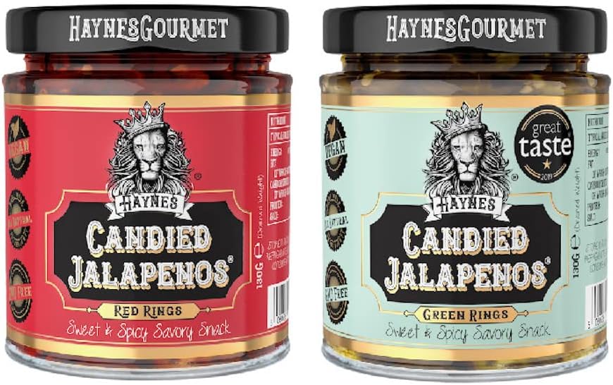 Haynes Gourmet Candied Jalapenos® Sweet and Spicy Jalapeno Chillies and Hot Sauce (2 Pack, Green & Red Rings)
